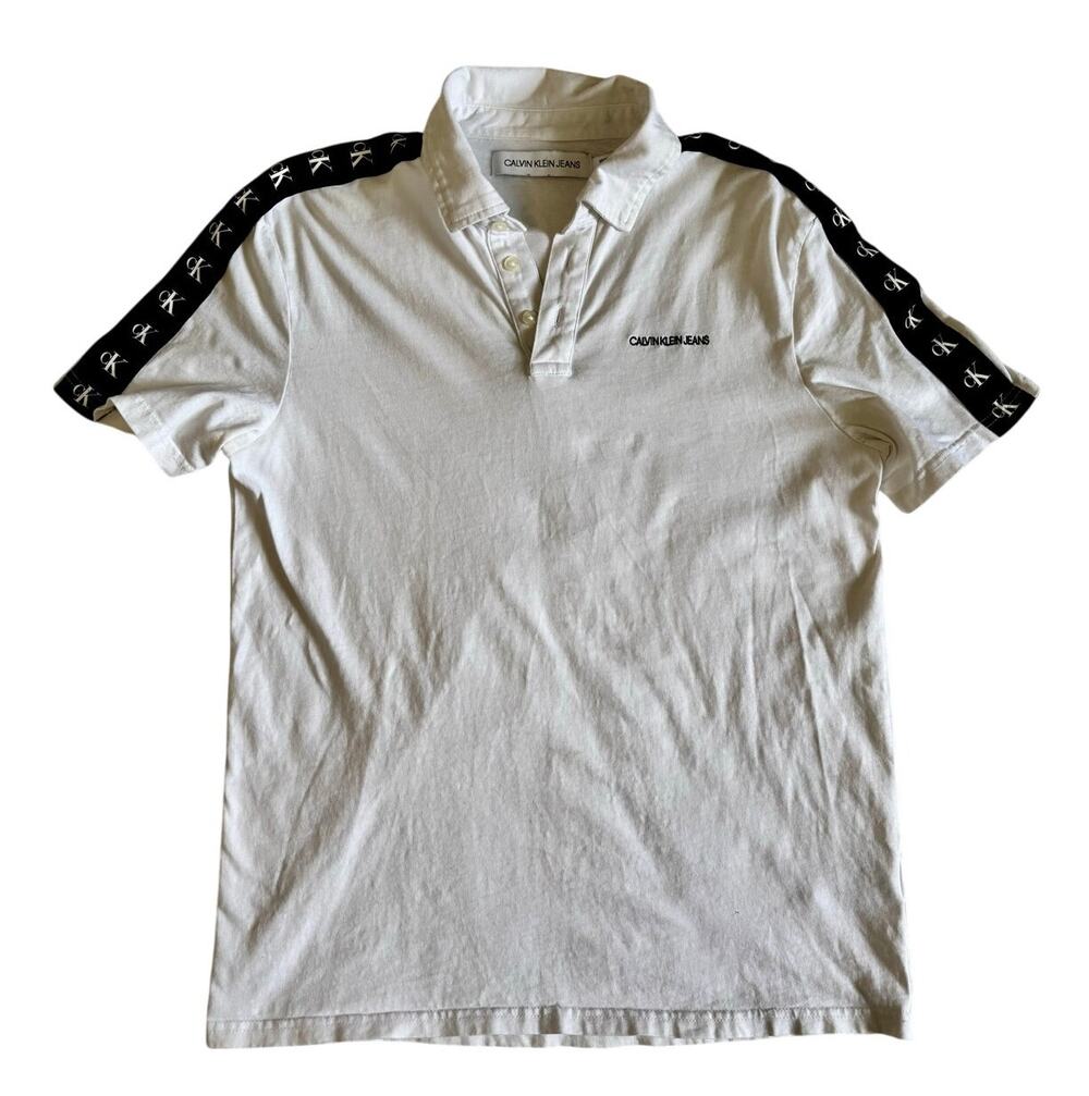 Calvin Klein Jeans White Polo Shirt Black Logo Ribbon Detail Men's Size Small